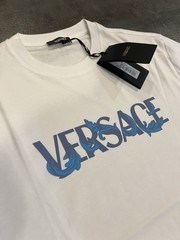 $425 RARE versace Men T-shirt White And Blue Logo Print Men Tee XL