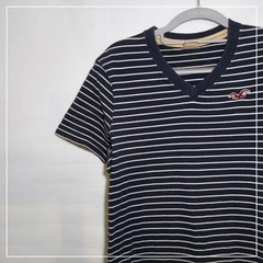 Hollister Shirt Men S Navy Casual Weekend Striped Short Sleeve V Neck Tee Y2K