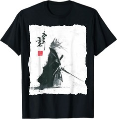 Samurai Cat Ink Art Japanese Style Ukiyo-e Warrior Katana T-Shirt