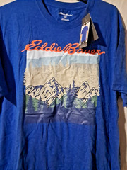 Eddie Bauer T Shirt Men’ XL Blue Mountain Logo Graphic Tee Hiker Outdoors Preppy