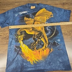 Vintage The Mountain T Shirt Men’s Medium Blue Fire Breathing Dragon Leather Tag