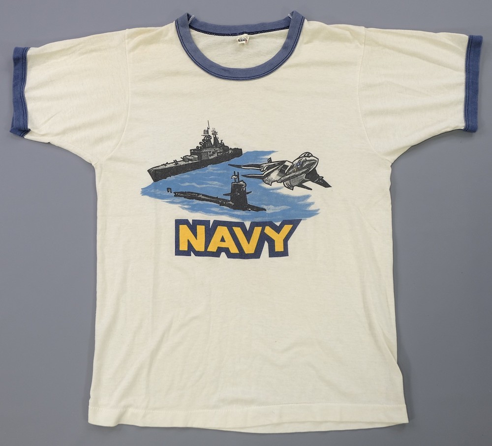 Rare Vintage SCREEN STARS US Navy Battleship Submarine Jet Ringer T Shirt 80s M