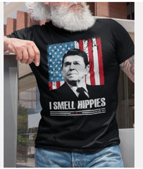 Mens I Smell Hippies T-Shirt Ronald Reagan USA President Funny Political T shirt