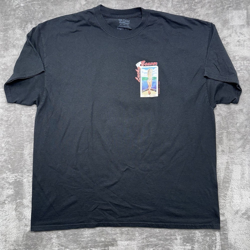 Lucky Beaver Bar & Burger Lake Tahoe T-Shirt Black Graphics Pinup Boat Size 2XL