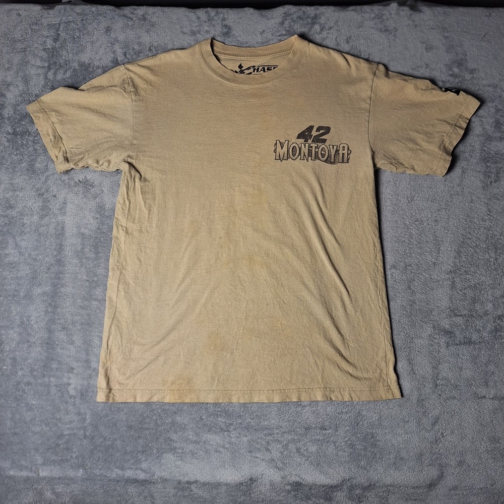 Vintage Juan Pablo Montoya Racing T-Shirt Fastest On The Track NASCAR Tan Medium
