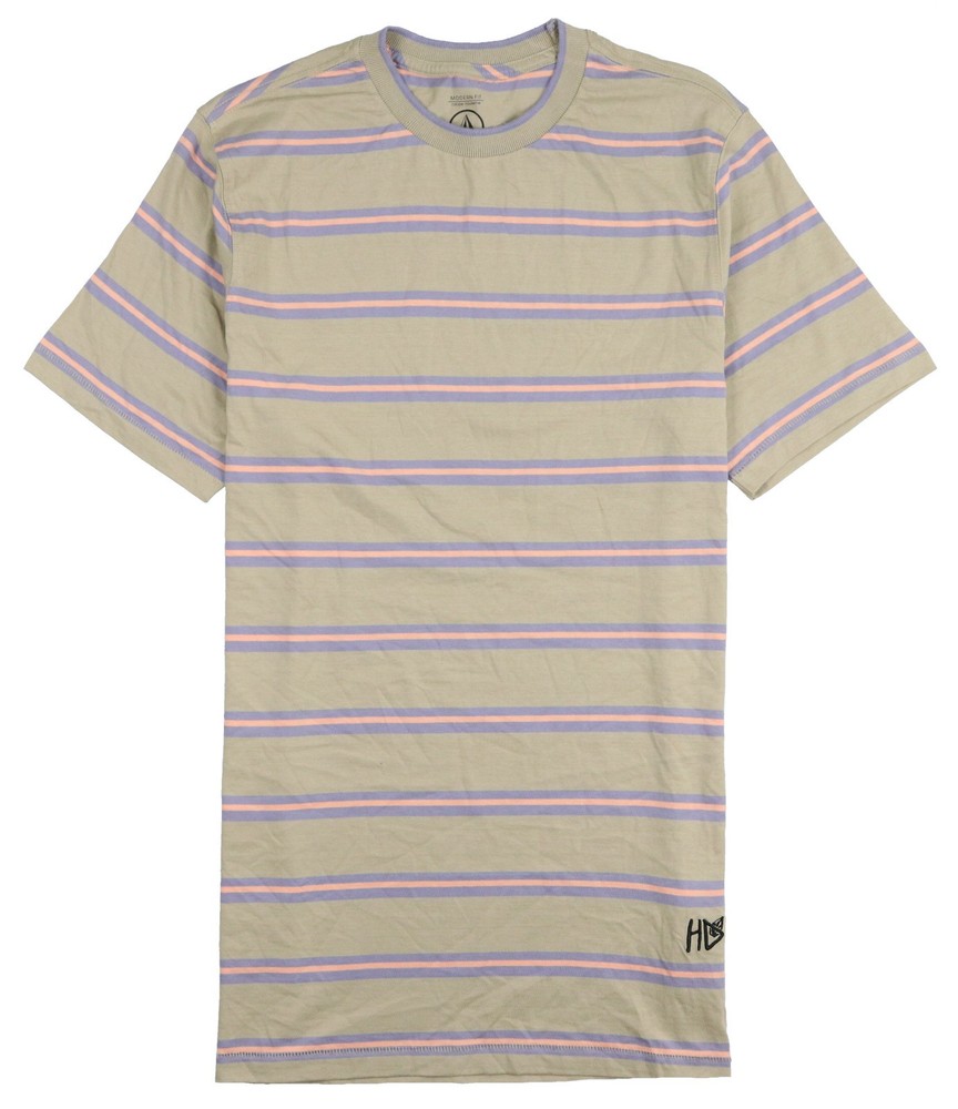 VOLCOM Entertainment Hockey Dad Crew T-Shirt XL X-Large Tan Modern Fit Striped