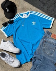 adidas Originals Trefoil 3-Stripes Blue White Crewneck T-Shirt Mens M