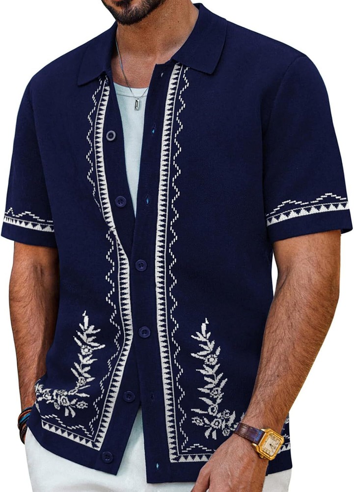 Men’s Vintage Knitted Polo Shirt 70s Style Contrast Color Short Sleeve Casual