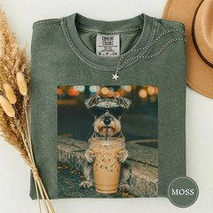 Funny Miniature Schnauzer Drinking Iced Coffee Unisex T-Shirt