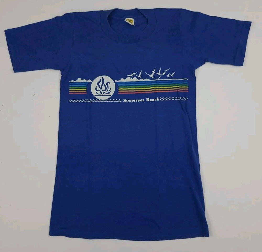 Vintage 70s 80s Somerset Beach Michigan Print T Shirt Vtg Blue Multicolor USA XS