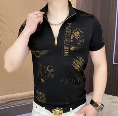 New Men Luxury Diamond Tiger Rhinestones Fashion Black Polo T-Shirt High Quality