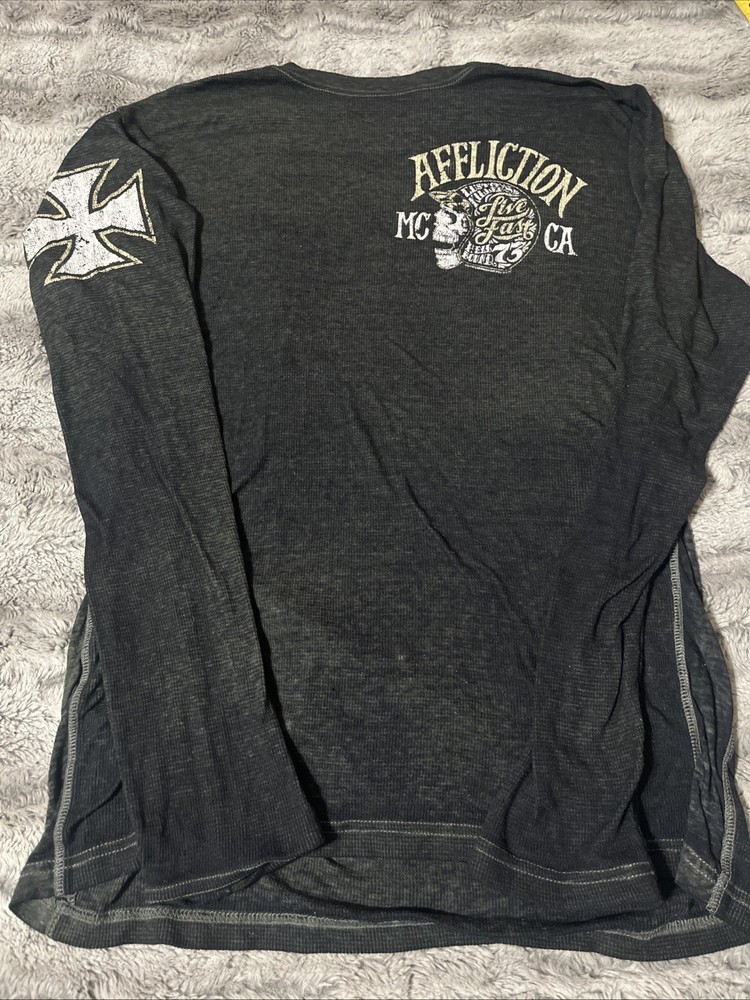 Mens Affliction Thin Soft Distress Look Waffle Thermal Long Sleeve T Shirt L
