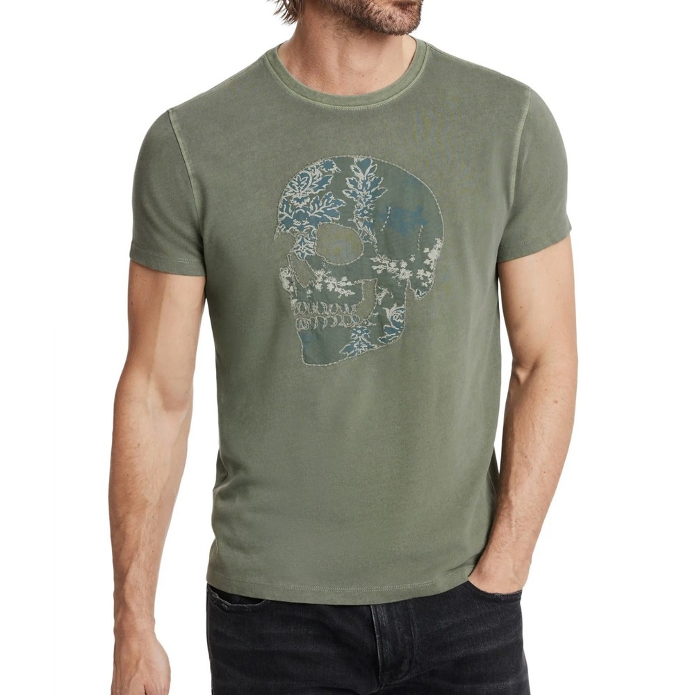 John Varvatos Men’s Embroidered Applique Skull SS Crew T-Shirt Flagstone Grey
