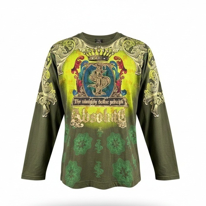 Raw Blue Men’s XL Long Sleeve Graphic Shirt Olive Green Y2K Almighty Dollar Tee