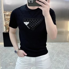 New Men Luxury Diamond Rhinestones Black White T-Shirt High Quality