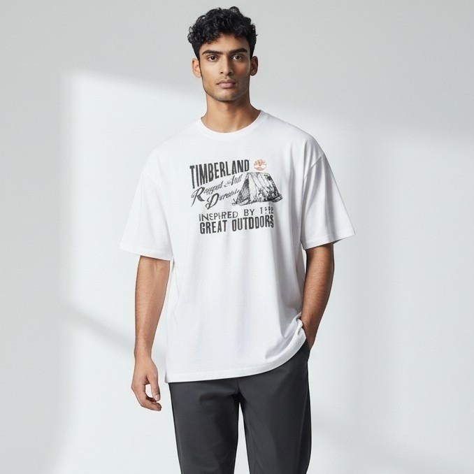 Timberland 100% Cotton Graphic T-Shirt Men’s Size XL White Casual Back Print New