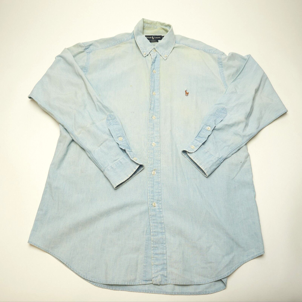 Vintage Ralph Lauren Blake Shirt Mens Medium Blue Light Wash Denim Pony