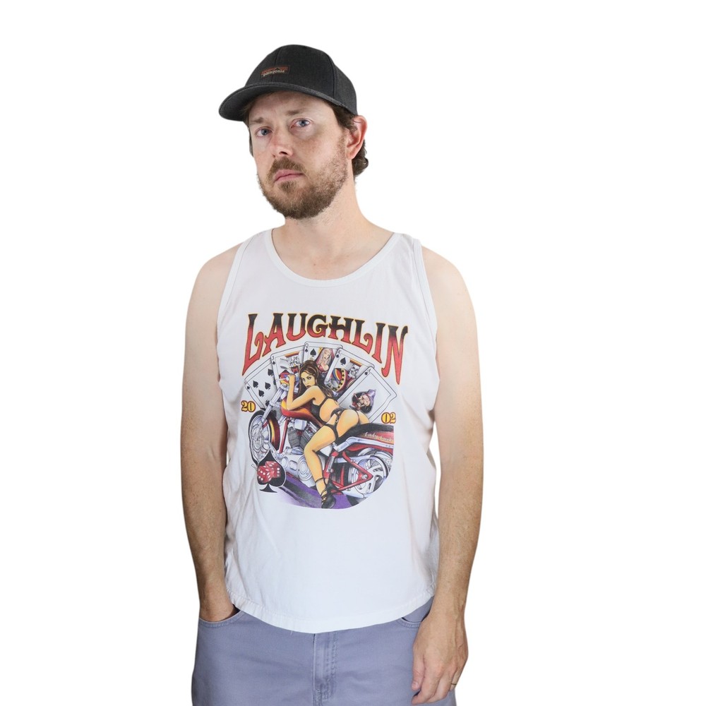 Vintage Laughlin Babe Pinup Sexy Tank Top Mens L White Biker Rally T Shirt Tee