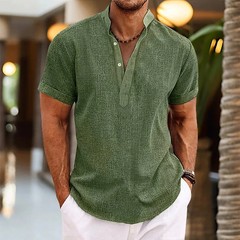 2023 Men’s Casual Short Sleeve Cotton Linen Shirts Streetwear Pure Color