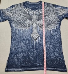 Affliction Shirt Mens Size L Blue Distressed Paper Thin Cross Wings Biker Y2K