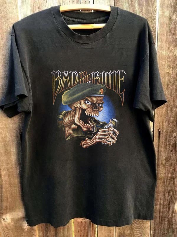 Vintage 80s Emblem Bad To The Bone Military Skull Head T-shirt S-5XL