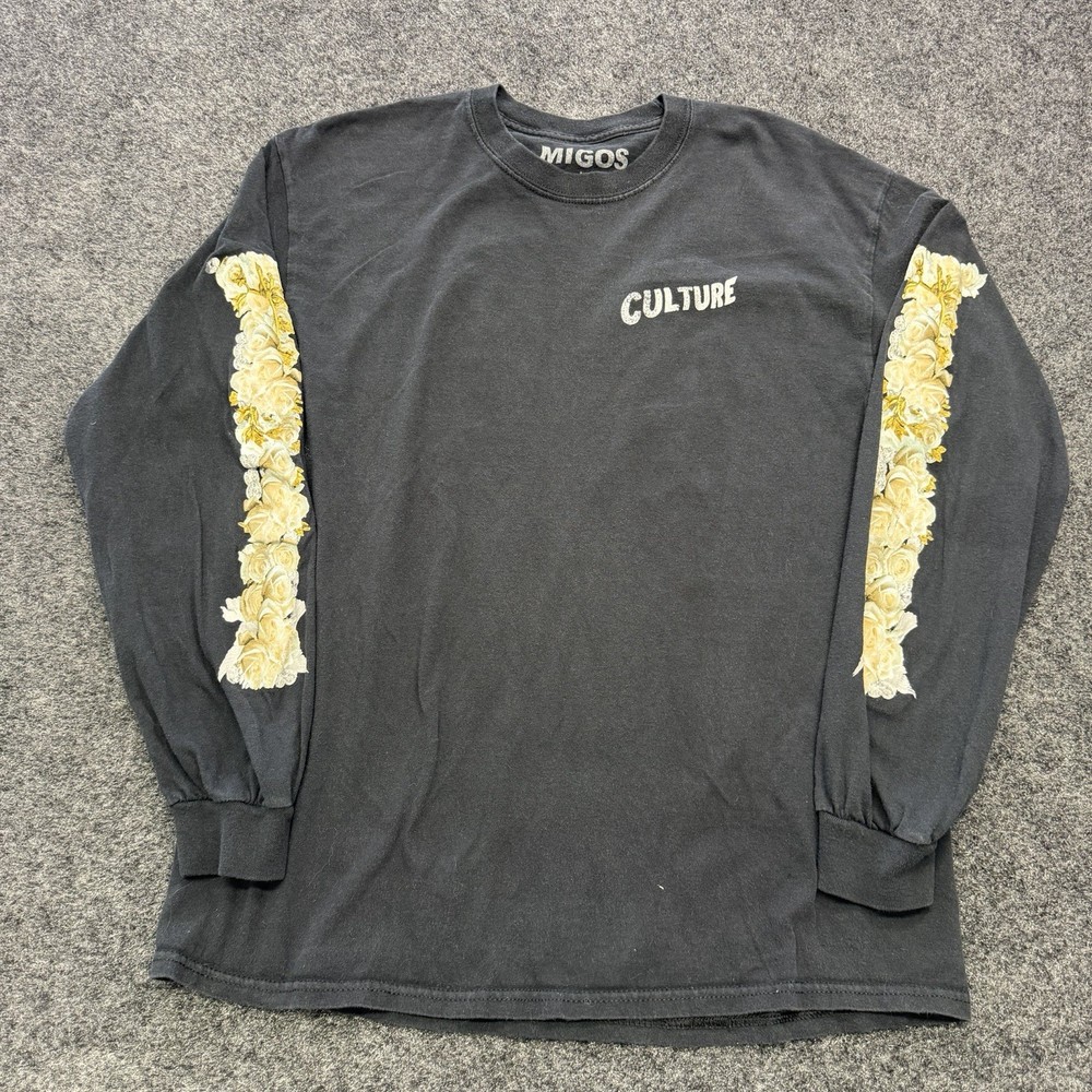 Migos Culture 2 Long Sleeved Black T-Shirt Size Mens Large W/ Floral Flower side