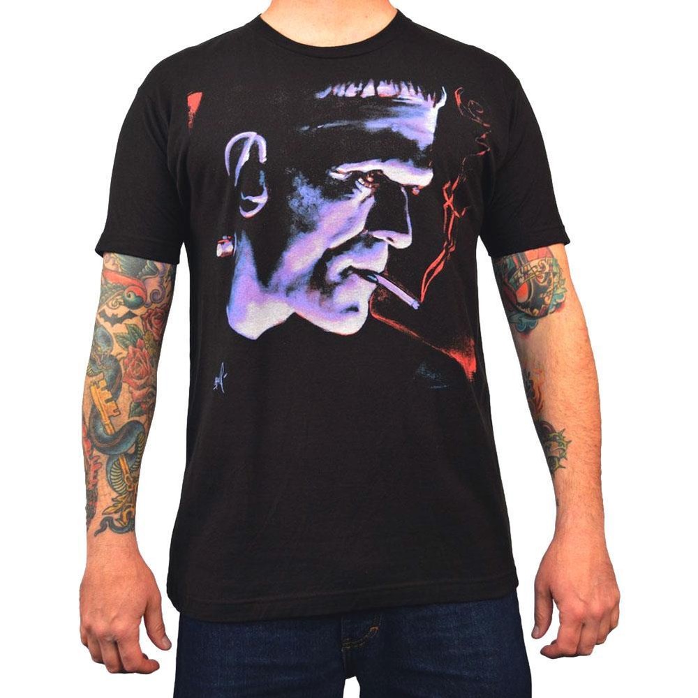 Franky by Mike Bell Men’s Black Tee Shirt Tattoo Art Frankenstein Monster