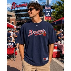 Nike Atlanta Braves T-Shirt Mens Large Navy Blue Embroidered Logo MLB Vintage