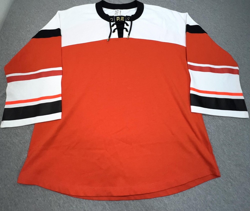 P.E Shirt Mens Small Orange White Hockey Jersey Lace Up Long Sleeve Top