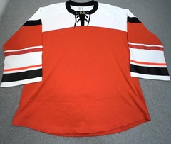 P.E Shirt Mens Small Orange White Hockey Jersey Lace Up Long Sleeve Top
