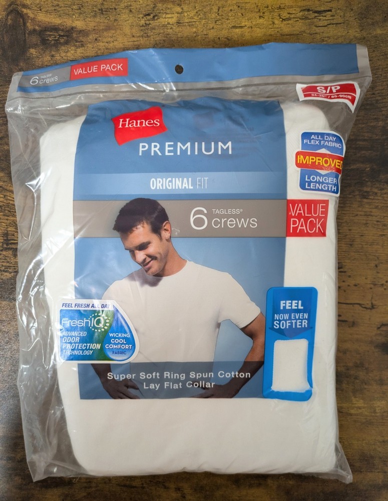 Hanes Premium Mens Original Fit White Short Sleeve Crew TShirt 6pk SMALL Tagless