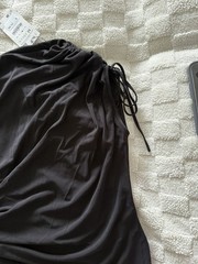 Zara Shirt Womens M Black high Neck Short Sleeve Drawstring Stretch NWT
