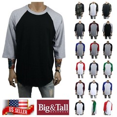 Men S-3XL Baseball Plain T-Shirt Lot 3/4 Sleeve Raglan Crew Neck Sports Jersey