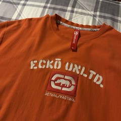Ecko Unltd. Men’s Orange Graphic Print Embroidered Logo Crew Neck T-Shirt XL