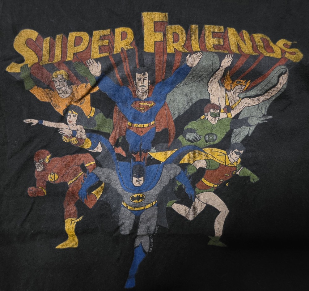 VTG DC Comics Super Friends Junk Food T-Shirt XL Superman Batman Wonder Woman