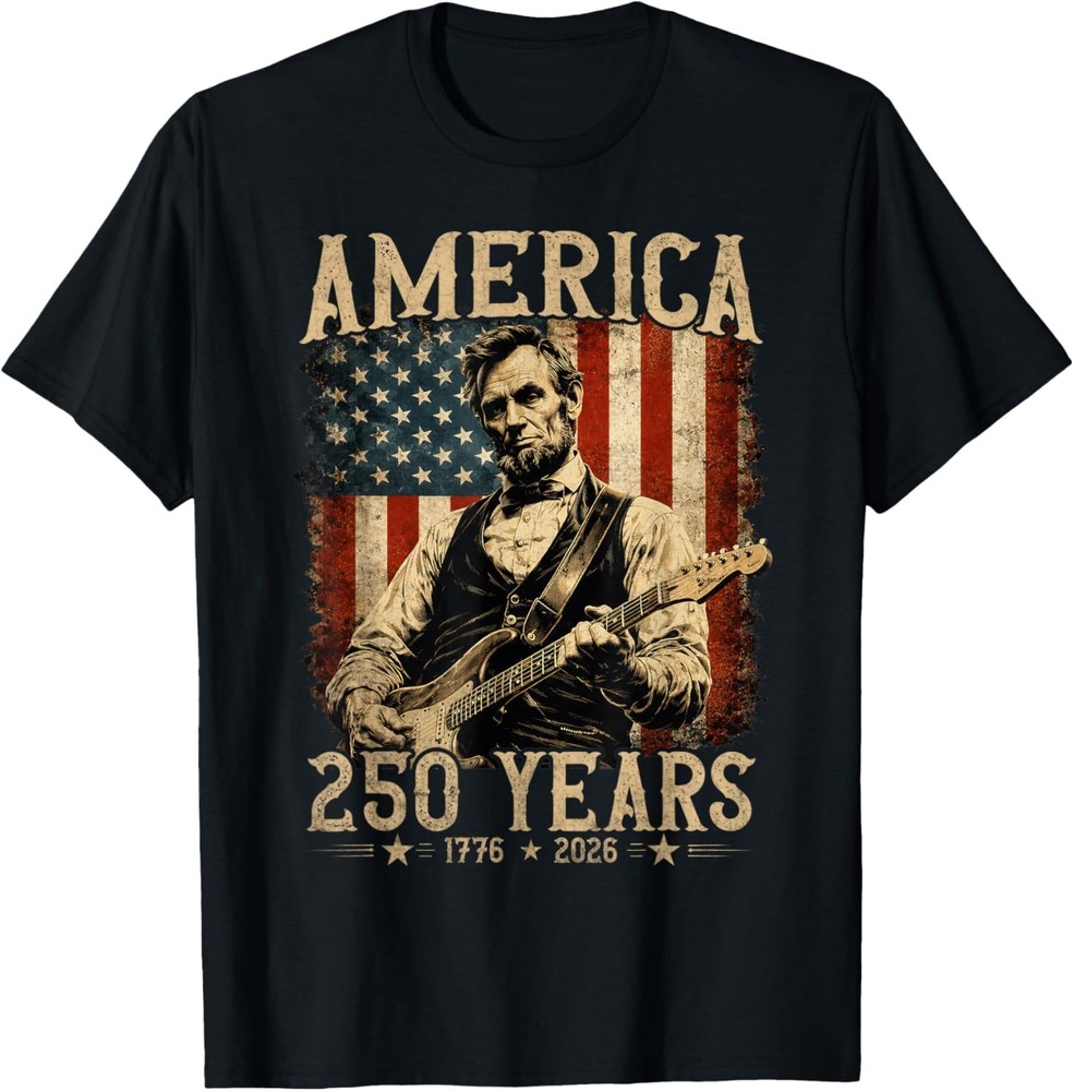 Abraham Lincoln Playing Guitar Rock and Roll American Flag T-Shirt