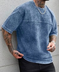 Men’s Acid Wash Blue T-Shirt Oversized Crew Neck Casual Streetwear Tee