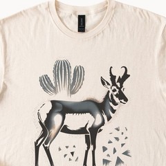 Desert Wildlife Graphic Tee Surreal Antelope Cactus Art Black