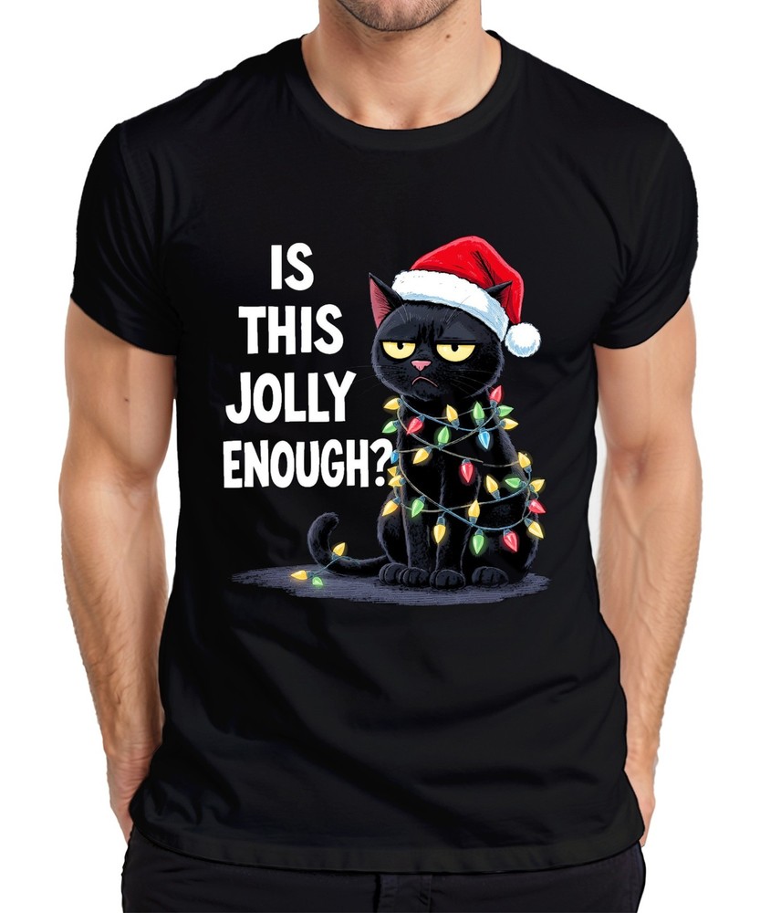 IS THIS JOLLY ENOUGH? christmas cat sarcastic santa hat mens t shirt