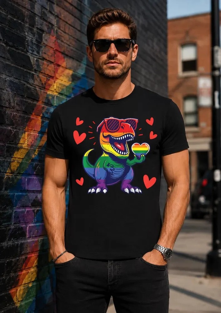 Cute Rainbow Dinosaur Pride Shirt, LGBTQ T Rex Rainbow Heart Tee