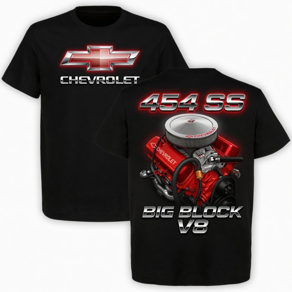 Chevrolet 454 SS Big Block V8 Engine T-Shirt Muscle Car Hot Rod Tee Black Shirt