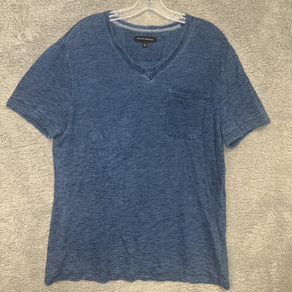 Banana Republic T Shirt Men’s Sz L Heather Blue Pocket Short Sleeve V Neck Tee