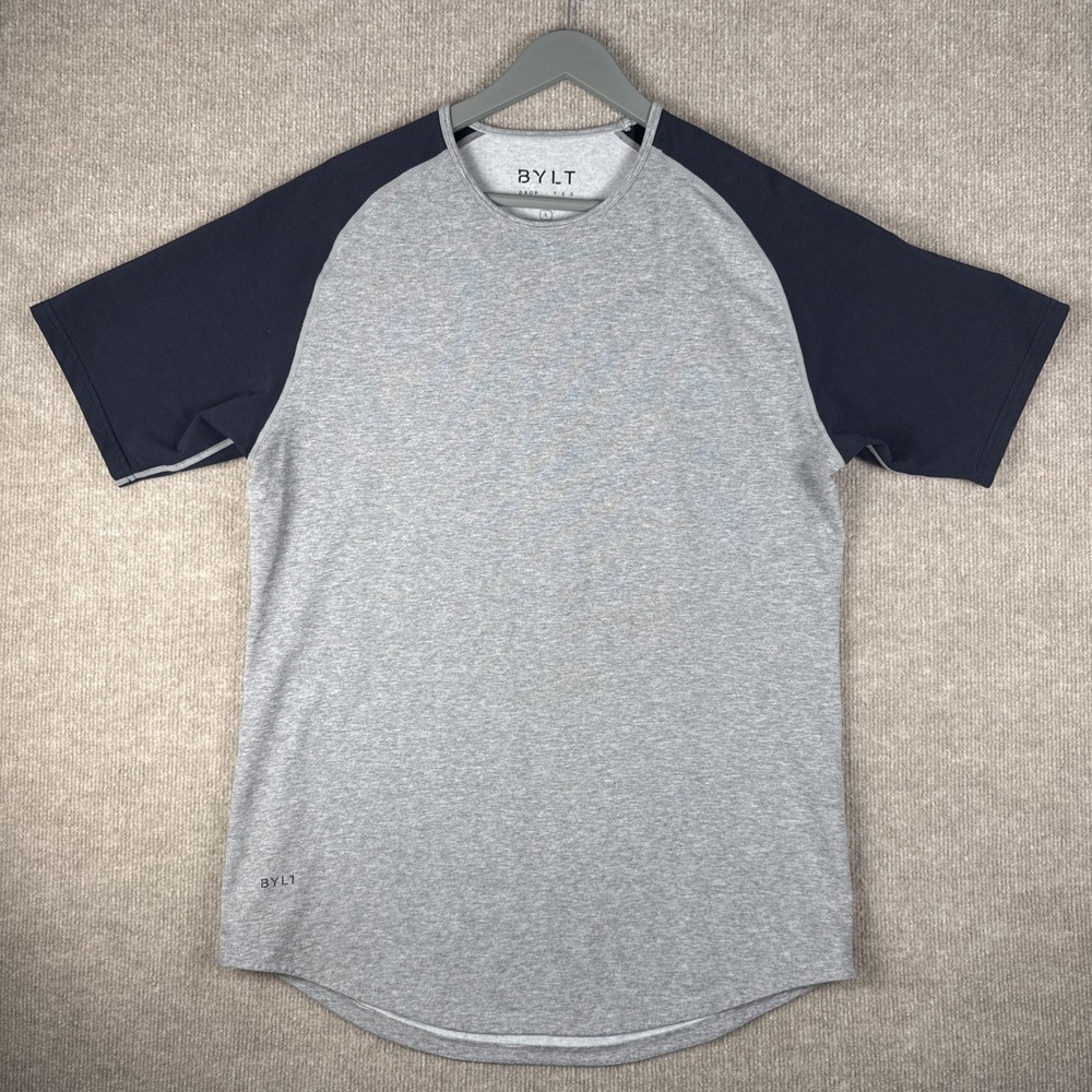 BYLT Drop Cut S/S T-Shirt Gray Maroon Raglan Large L Athletic Fit Stretch