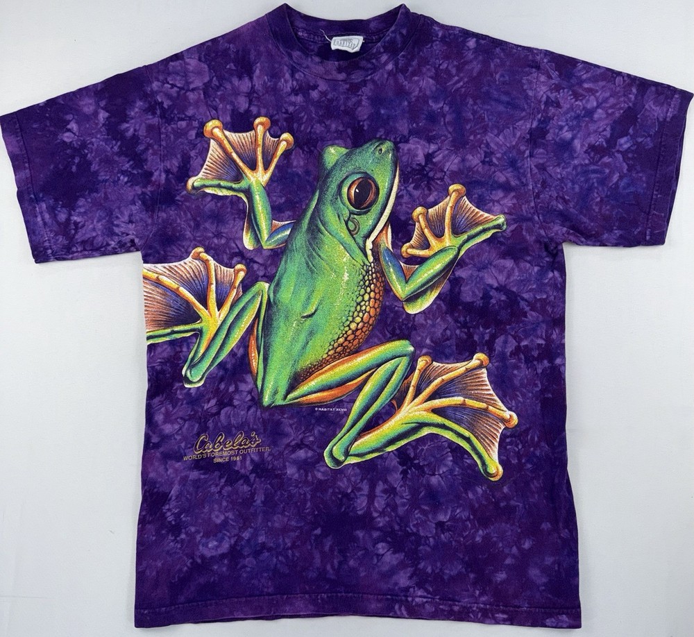Vintage 90s Cabela’s Tree Frog Big Print Tee Shirt L Tie Dye Animals Outdoors
