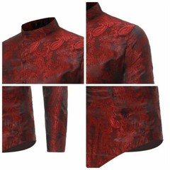 Men Printed Shirt Vintage Long Sleeve Grandad Collar Top Asymmetric Hem Slim YM0