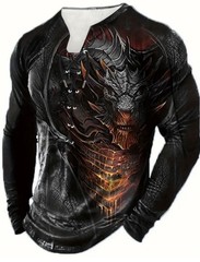Dragon Graphic Lace Up Henley Shirt Mens 3XL Black Fire Red Long Sleeve Gothic
