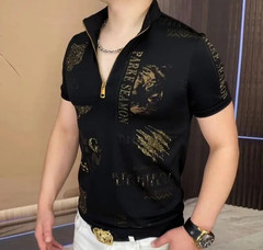 New Men Luxury Diamond Tiger Rhinestones Fashion Black Polo T-Shirt High Quality