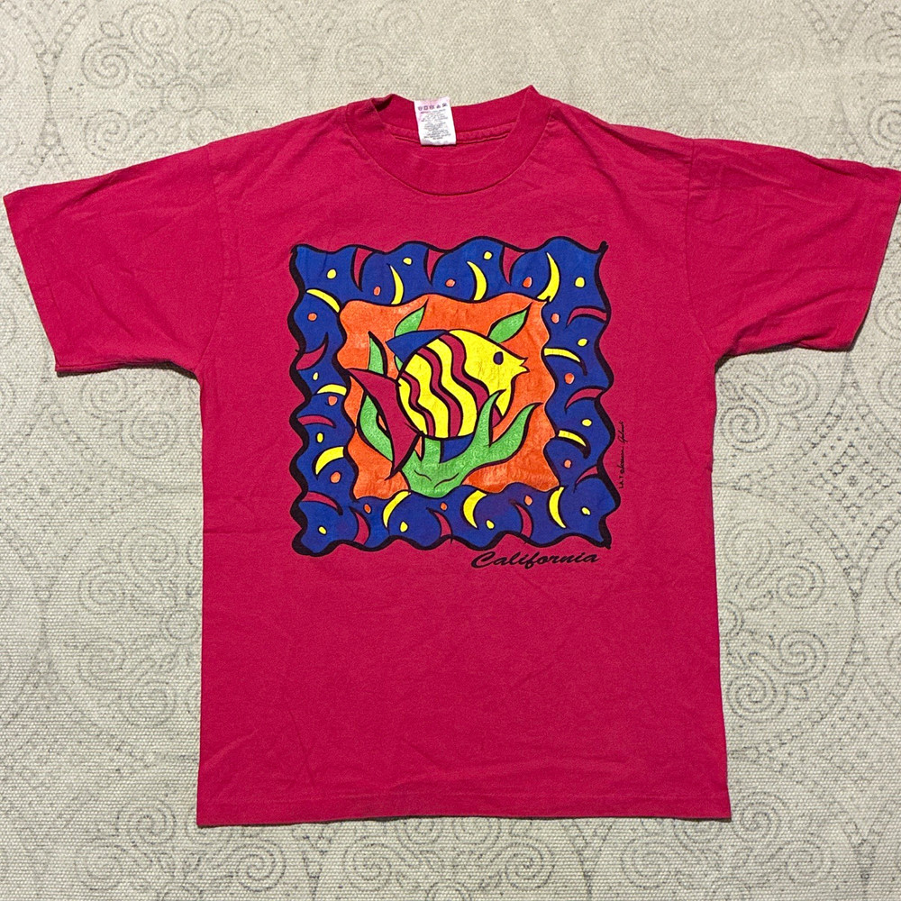 Vintage Pink California Fish Nature Graphic Print Cotton Knit Crew Tee M 90s