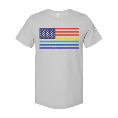 Unisex American Flag Tee With Rainbow Stripes Graphic Across Chest For Pride And