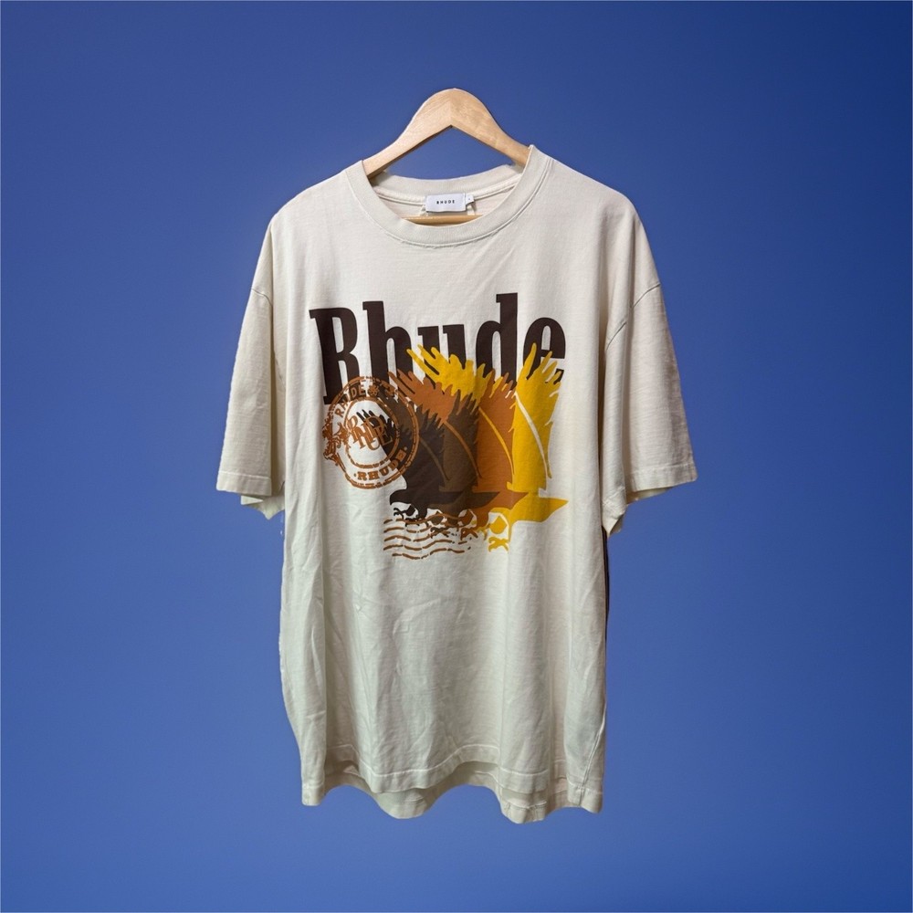 RHUDE Men’s White Graphic Logo Crewneck Short Sleeve T-Shirt Size XL